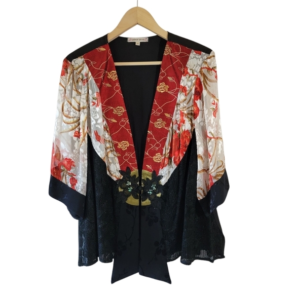 Spencer Alexis Tops - VTG Spencer Alexis Floral Kimono Blouse 1X Burn Out Red Velvet Boho Fairy Grunge